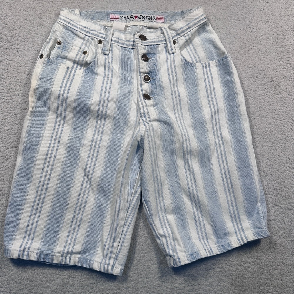 Vintage Zena Jeans Striped Denim Bermuda Shorts Button Fly High‎ Waist